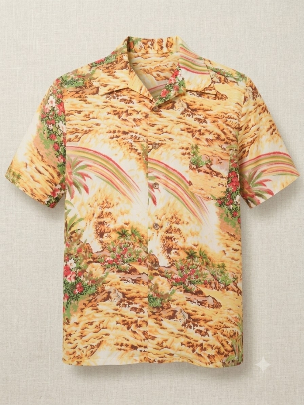 Vintage Scenic Hawaiian Aloha Shirt Rainbow Palm Tree Sunset Camp Collar L